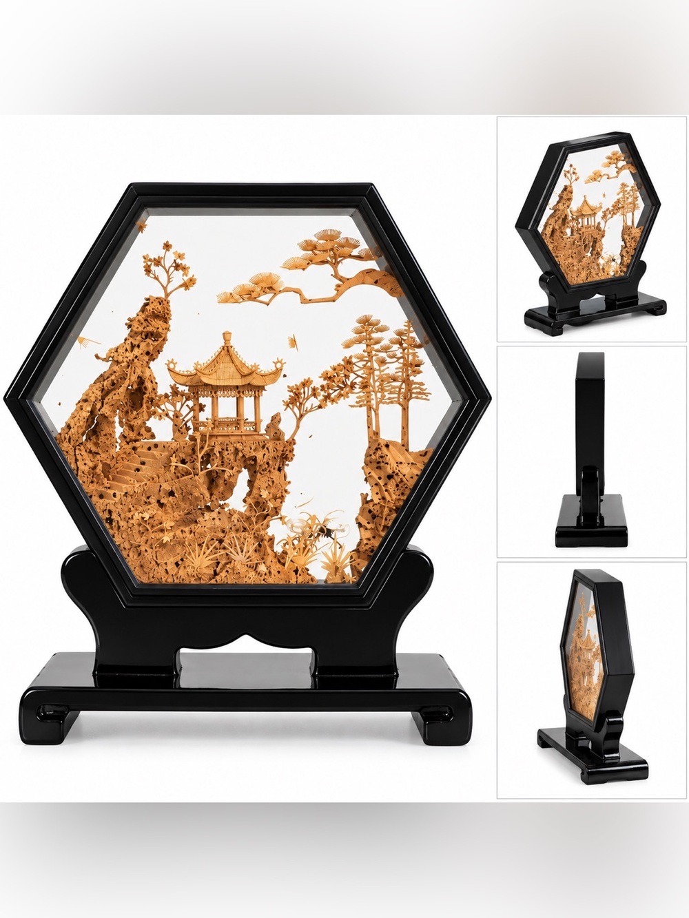 Hand-Carved Landscape Table Accent in Black and Natural Wood Tones